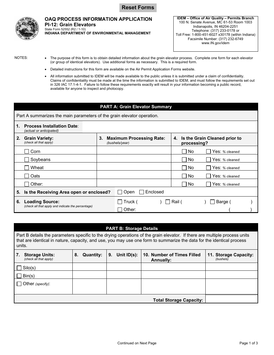 State Form 52552 (PI-12) Oaq Process Information Application - Grain Elevators - Indiana, Page 1