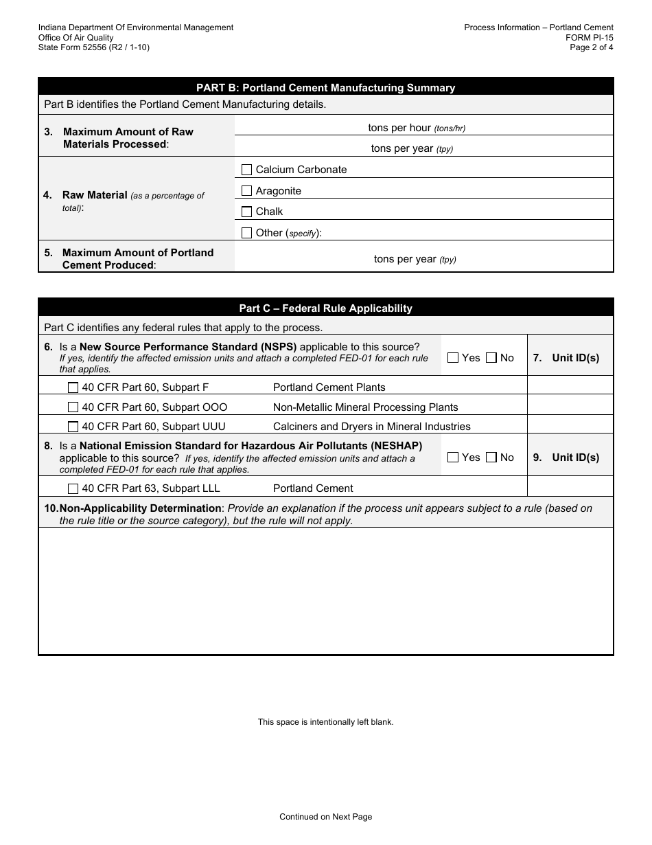 State Form 52556 (PI-15) Oaq Process Information Application - Portland Cement Manufacturing - Indiana, Page 2