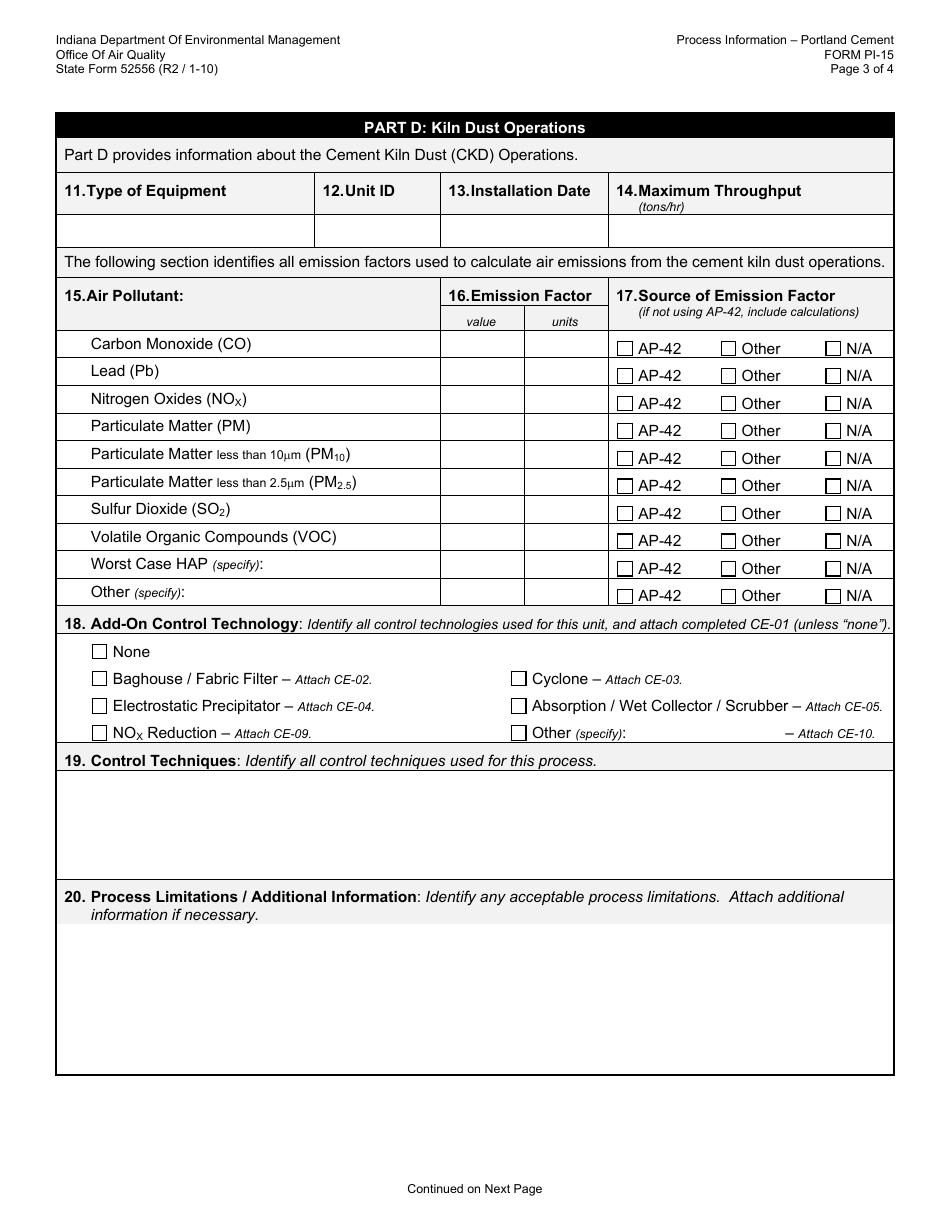 State Form 52556 (PI-15) Oaq Process Information Application - Portland Cement Manufacturing - Indiana, Page 3