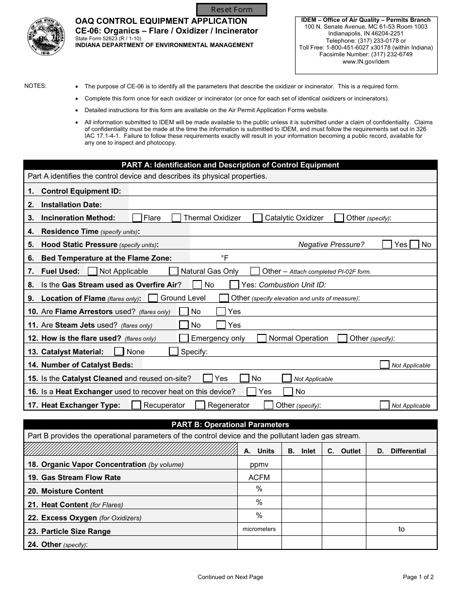 State Form 52623 (CE-06) Oaq Control Equipment Application - Organics - Flare / Oxidizer / Incinerator - Indiana, Page 1