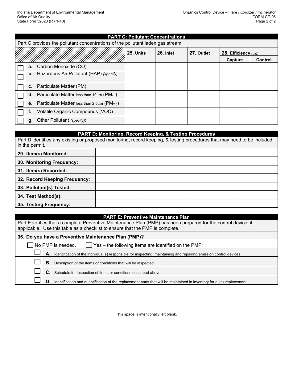 State Form 52623 (CE-06) Oaq Control Equipment Application - Organics - Flare / Oxidizer / Incinerator - Indiana, Page 2