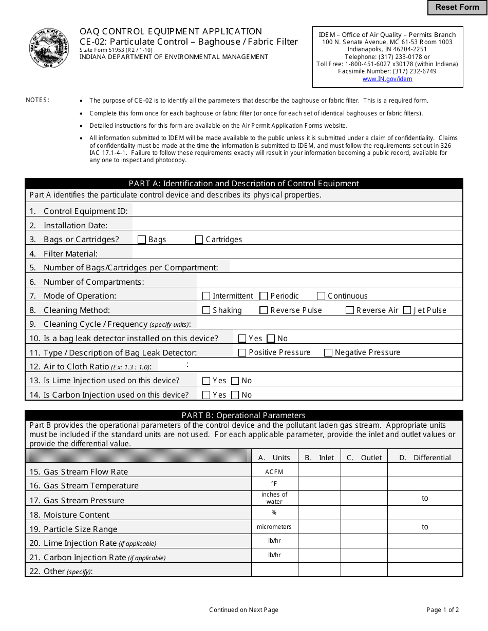 State Form 51953 (CE-02) Oaq Control Equipment Application - Particulate Control - Baghouse / Fabric Filter - Indiana, Page 1