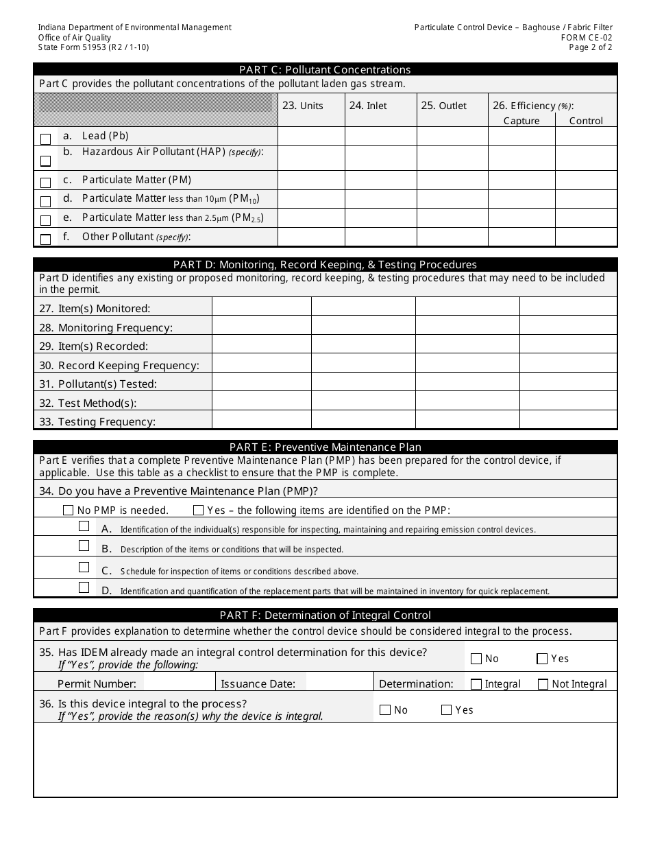 State Form 51953 (CE-02) Oaq Control Equipment Application - Particulate Control - Baghouse / Fabric Filter - Indiana, Page 2