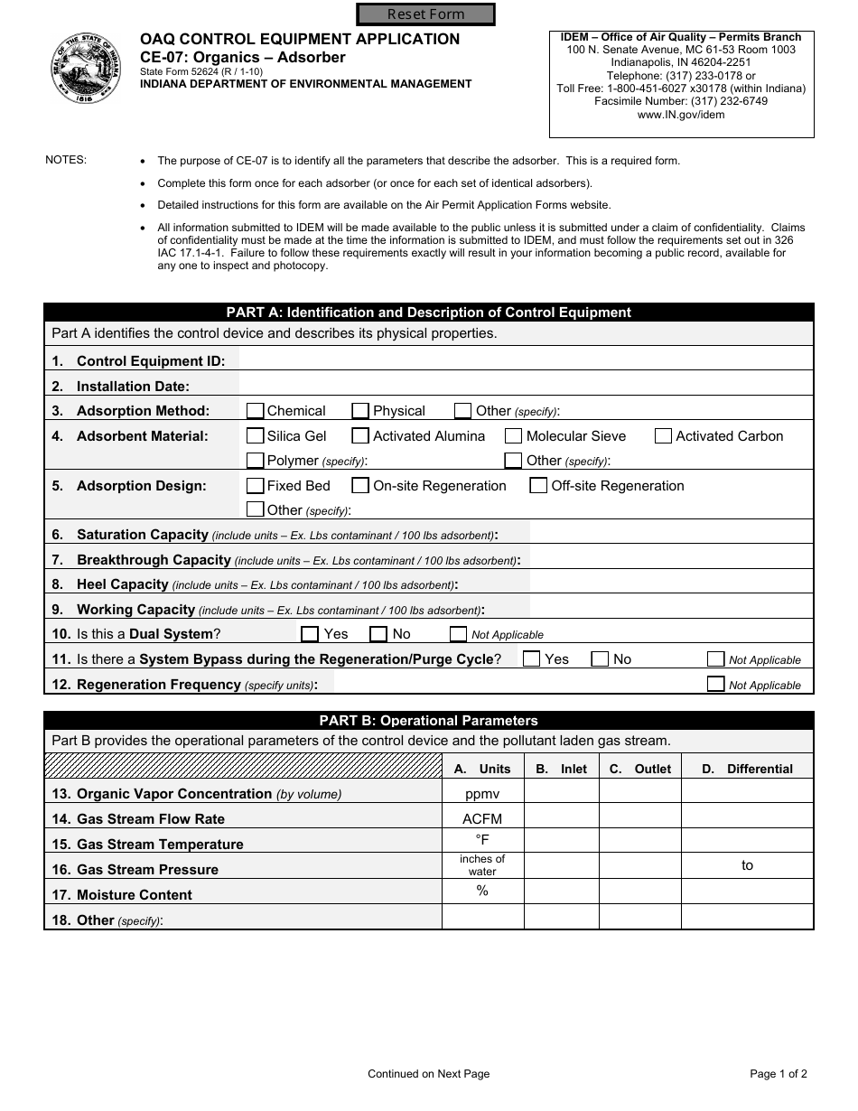 State Form 52624 (CE-07) Oaq Control Equipment Application - Organics - Adsorber - Indiana, Page 1