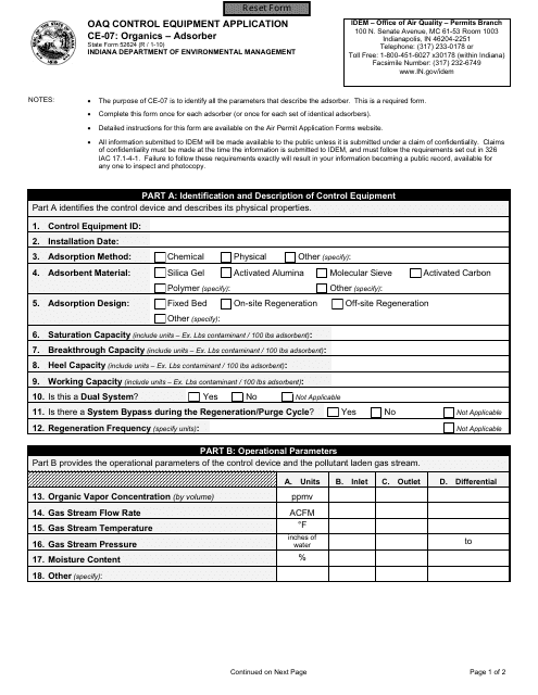 State Form 52624 (CE-07) Oaq Control Equipment Application - Organics - Adsorber - Indiana