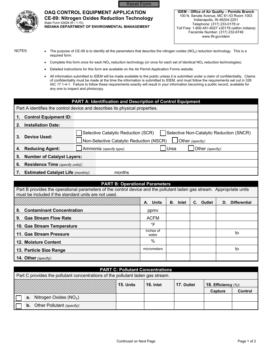 State Form 52626 (CE-09) Oaq Control Equipment Application - Nitrogen Oxides Reduction Technology - Indiana, Page 1