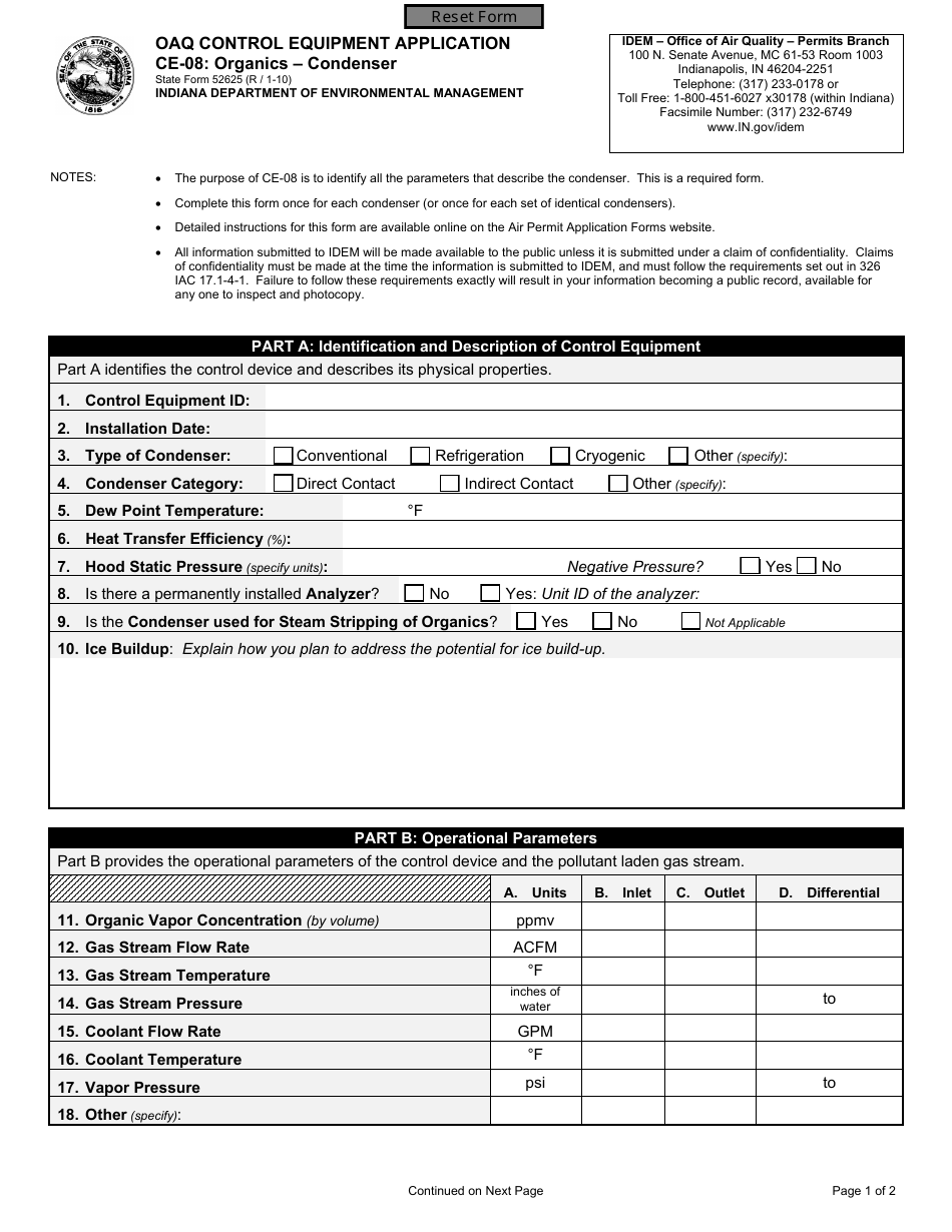 State Form 52625 (CE-08) Oaq Control Equipment Application - Organics - Condenser - Indiana, Page 1