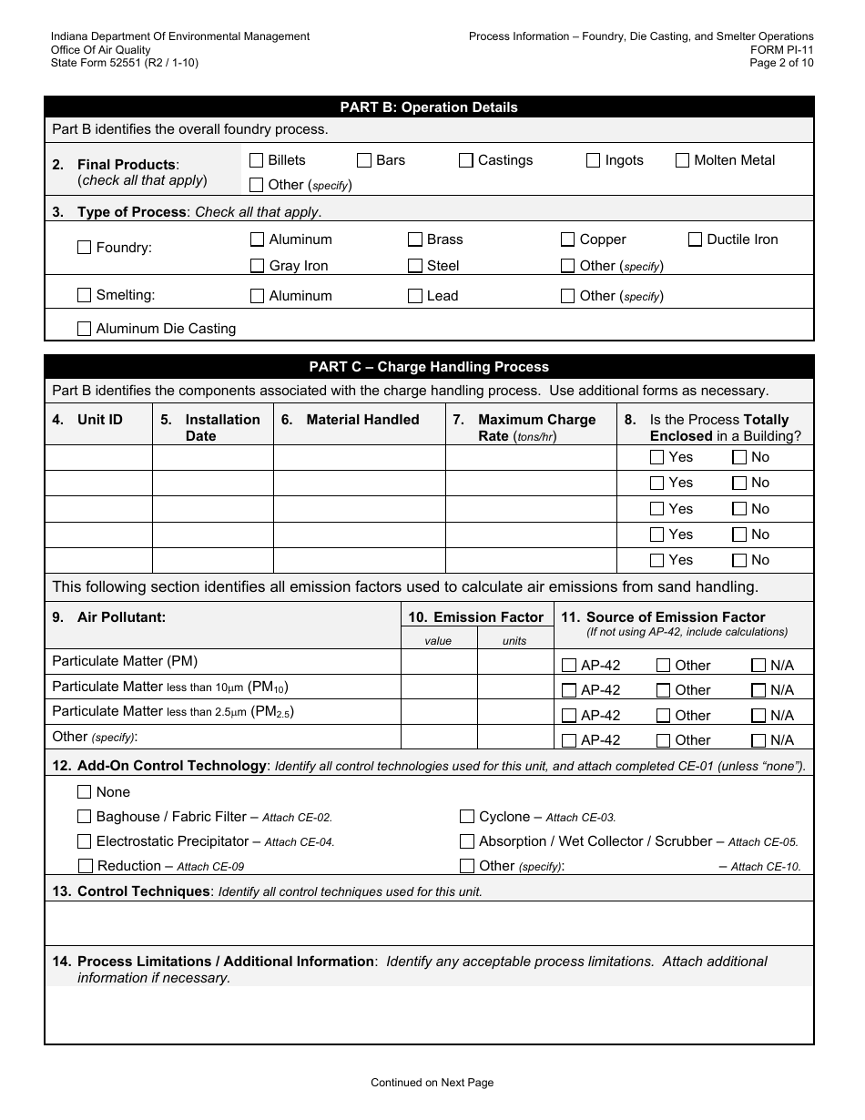 State Form 52551 (PI-11) Oaq Process Information Application - Foundry, Smelting  Die Cast Operations - Indiana, Page 2