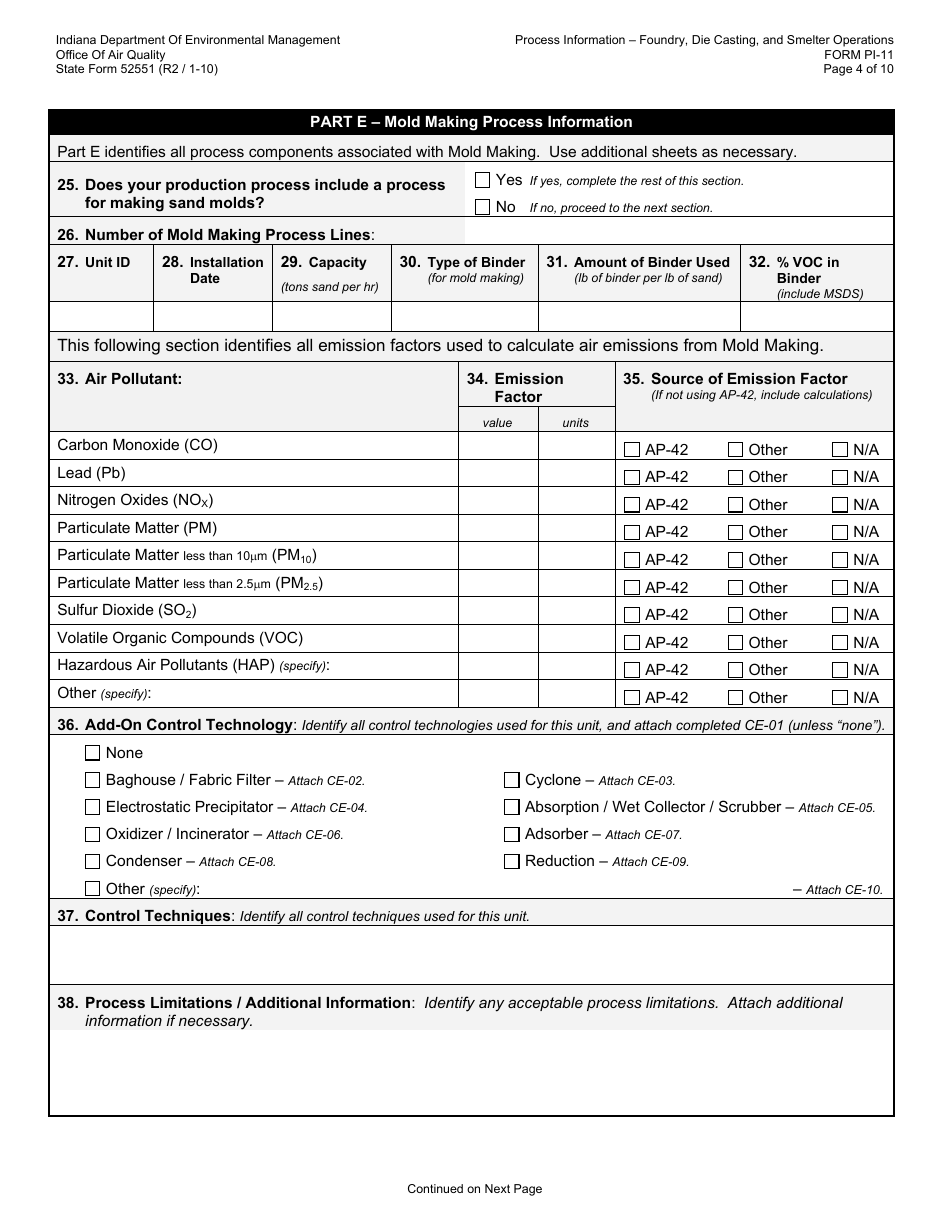 State Form 52551 (PI-11) Oaq Process Information Application - Foundry, Smelting  Die Cast Operations - Indiana, Page 4