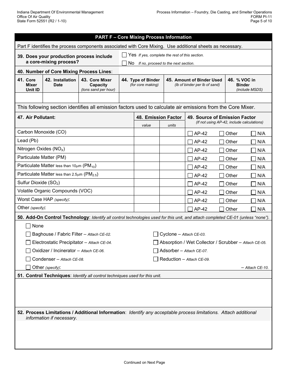 State Form 52551 (PI-11) Oaq Process Information Application - Foundry, Smelting  Die Cast Operations - Indiana, Page 5