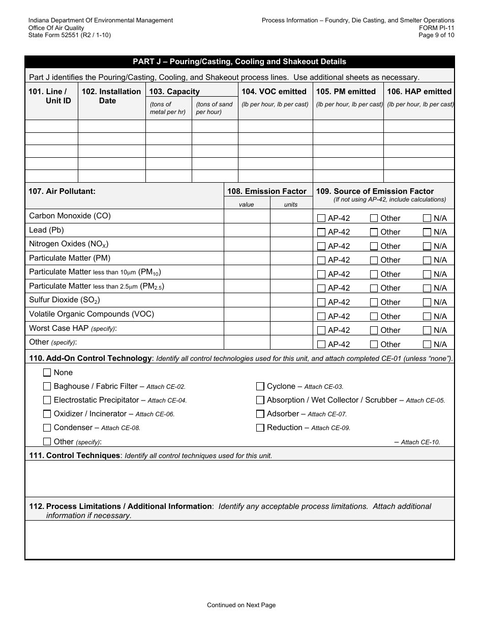 State Form 52551 (PI-11) Oaq Process Information Application - Foundry, Smelting  Die Cast Operations - Indiana, Page 9