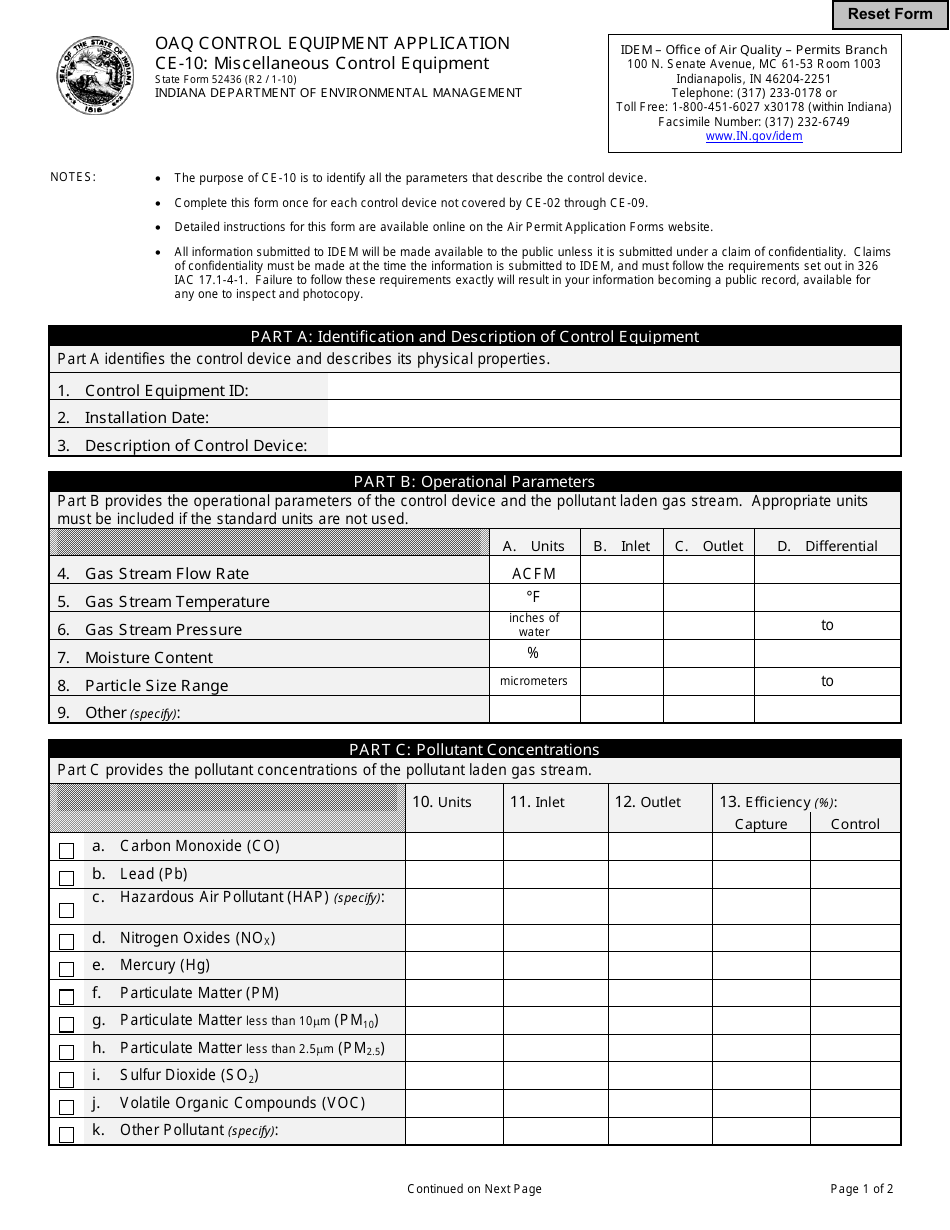 State Form 52436 (CE-10) Oaq Control Equipment Application - Miscellaneous Control Equipment - Indiana, Page 1