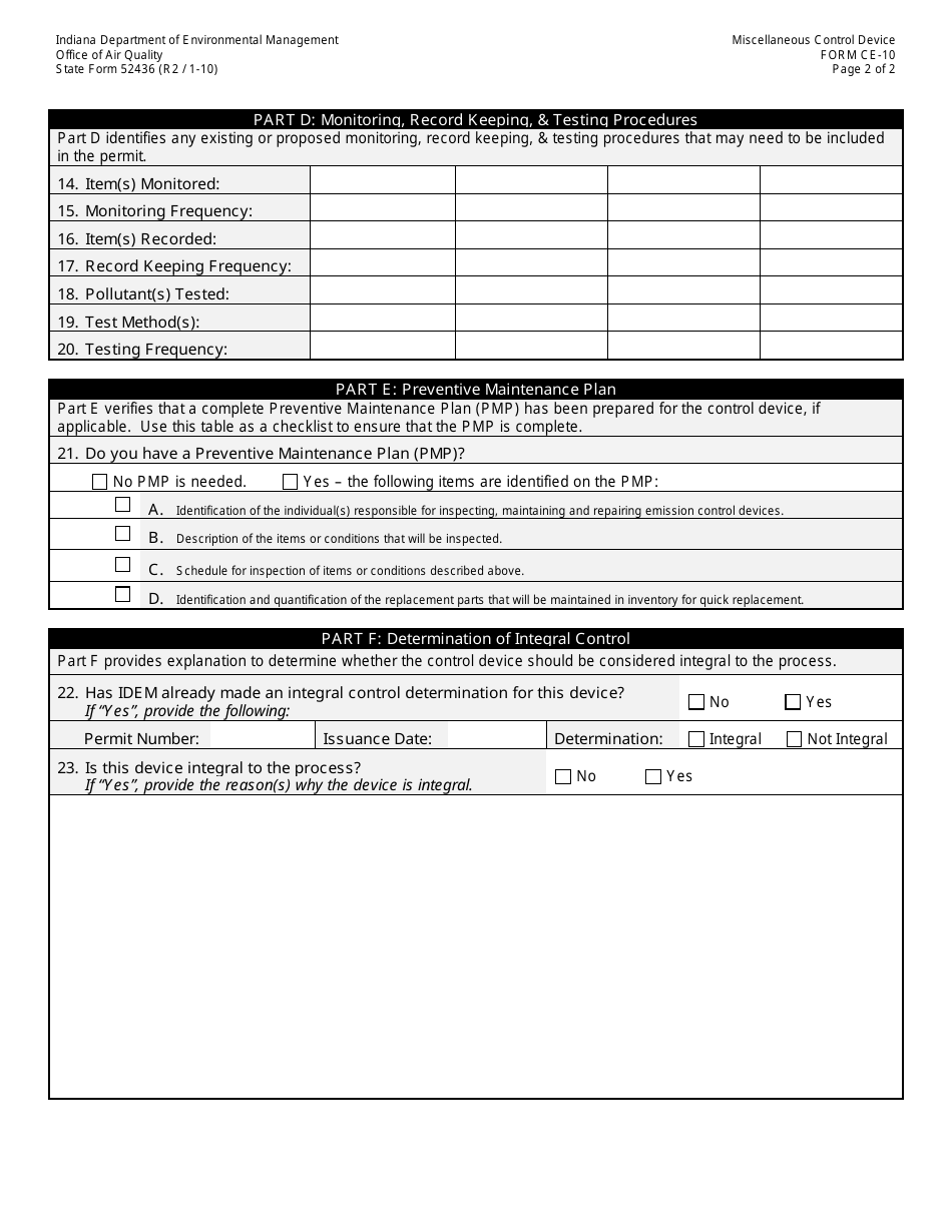 State Form 52436 (CE-10) Oaq Control Equipment Application - Miscellaneous Control Equipment - Indiana, Page 2