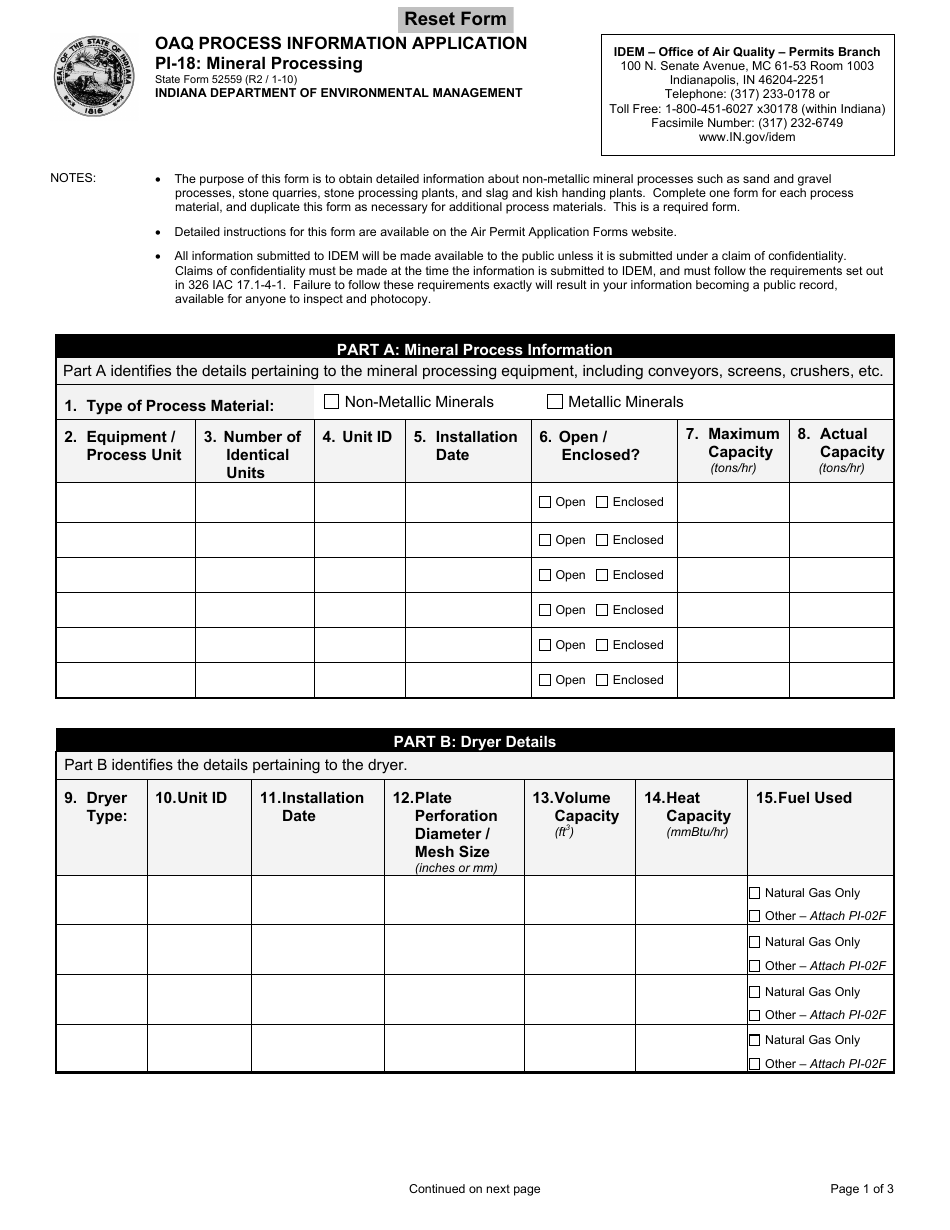 State Form 52559 (PI-18) Oaq Process Information Application - Mineral Processing - Indiana, Page 1