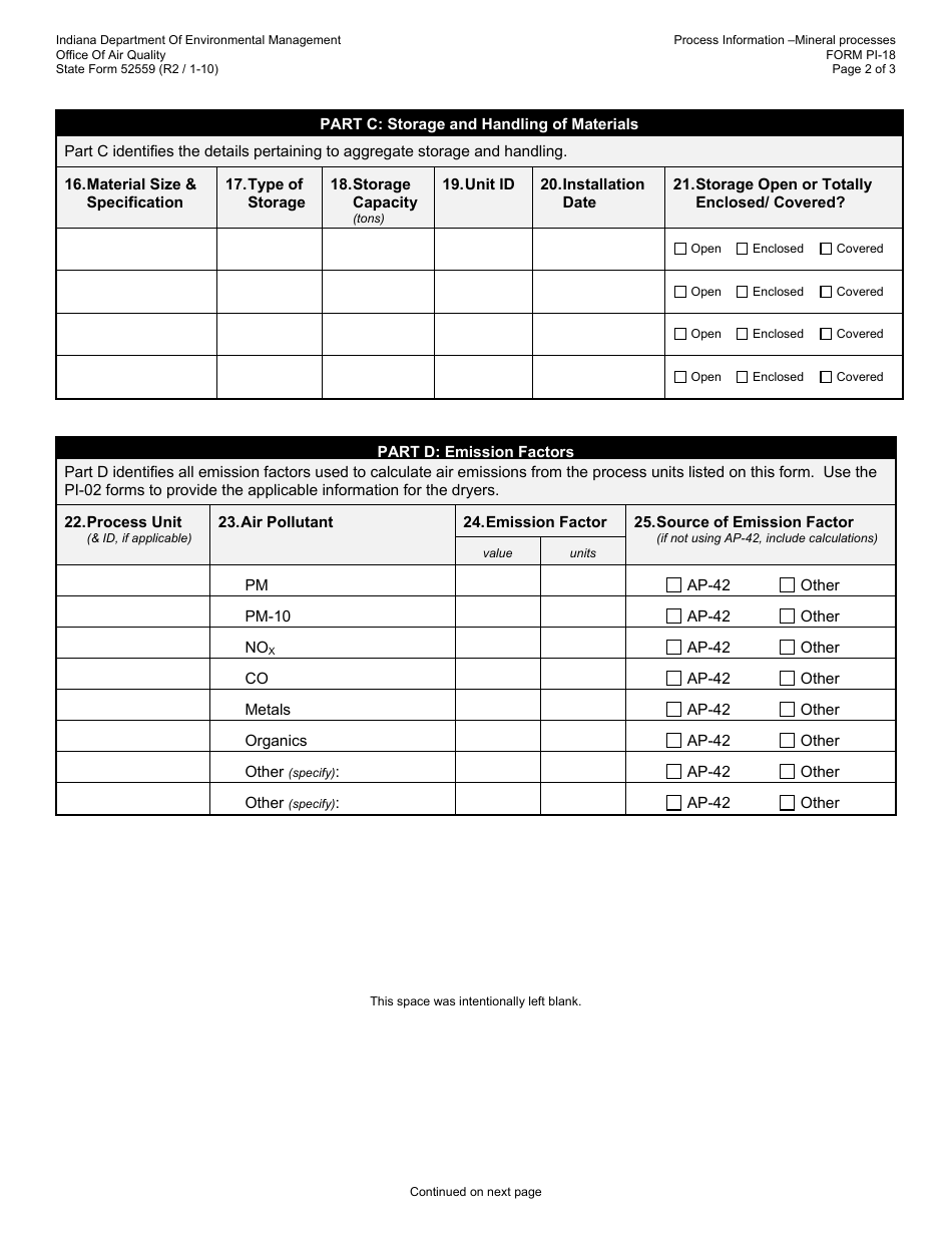State Form 52559 (PI-18) Oaq Process Information Application - Mineral Processing - Indiana, Page 2