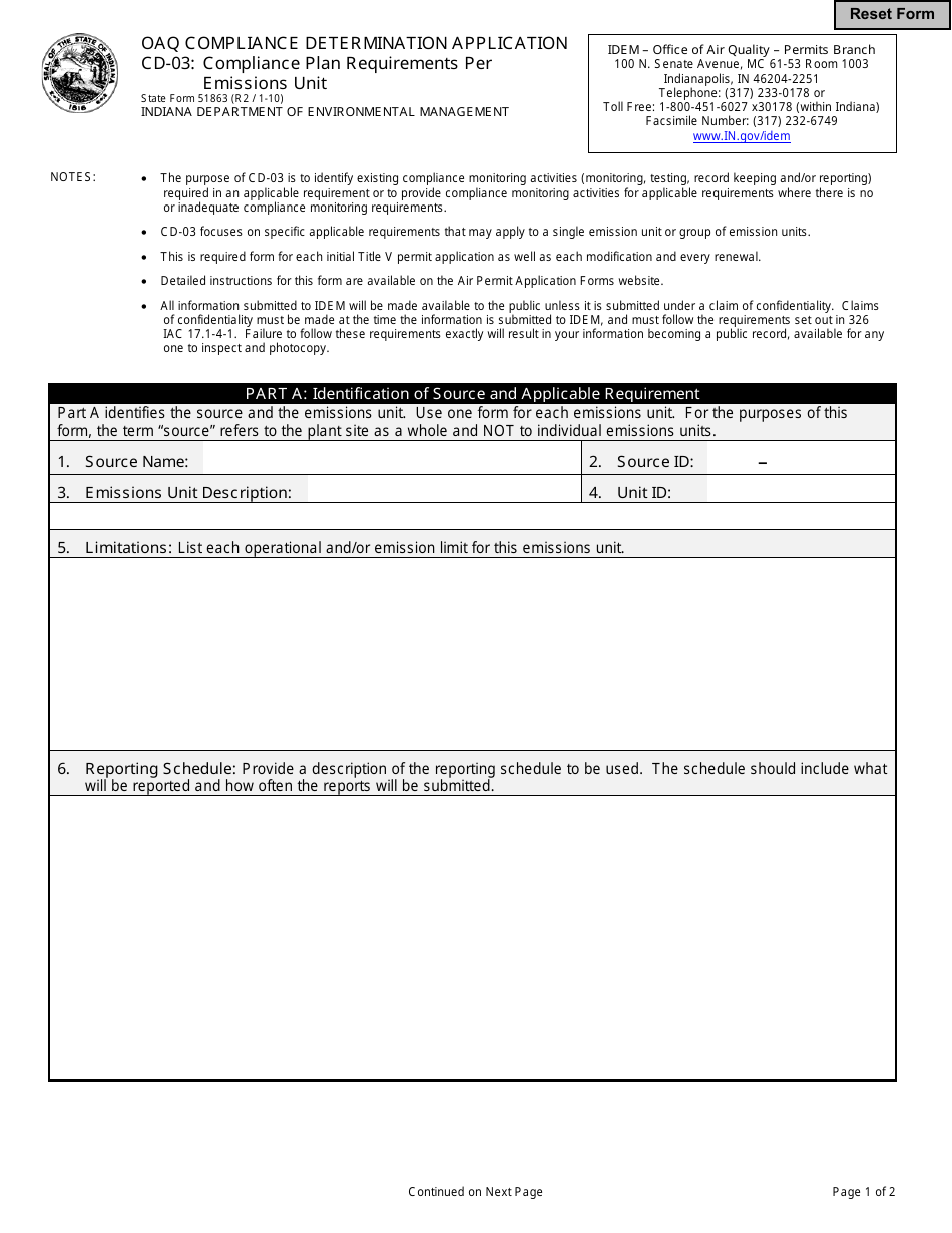 State Form 51863 (CD-03) Oaq Compliance Determination Application - Compliance Plan Requirements Per Emissions Unit - Indiana, Page 1