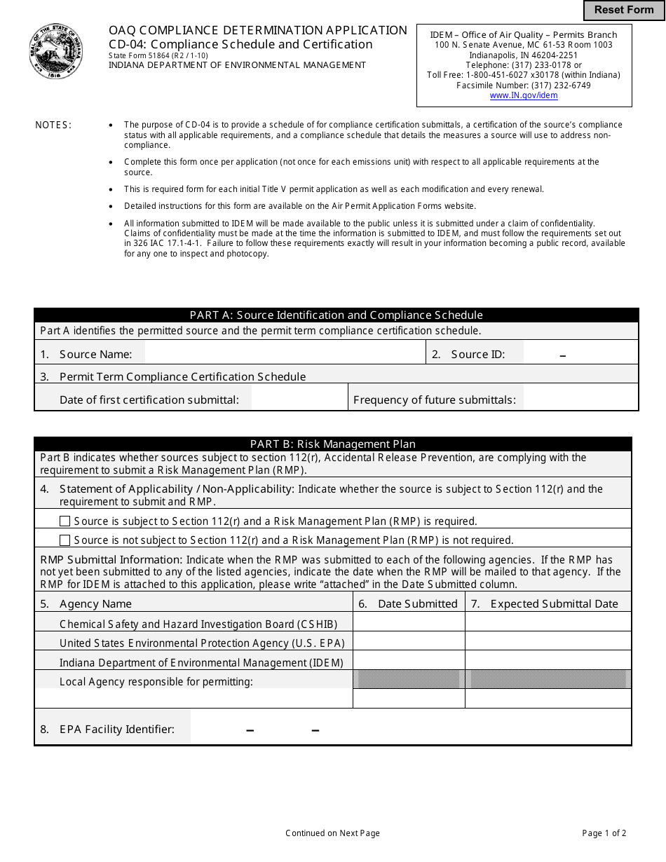 State Form 51864 (CD-04) Oaq Compliance Determination Application - Compliance Schedule and Certification - Indiana, Page 1