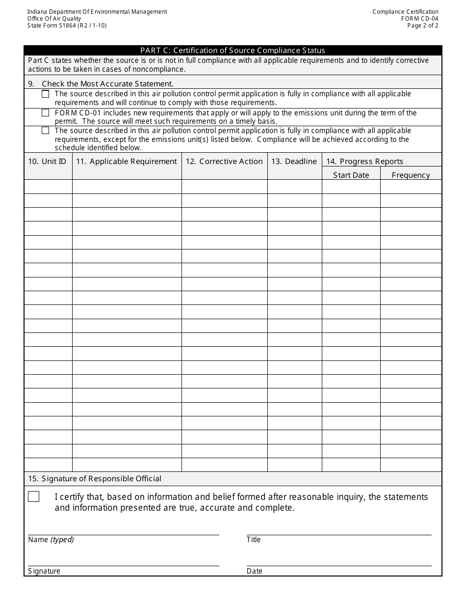 State Form 51864 (CD-04) Oaq Compliance Determination Application - Compliance Schedule and Certification - Indiana, Page 2