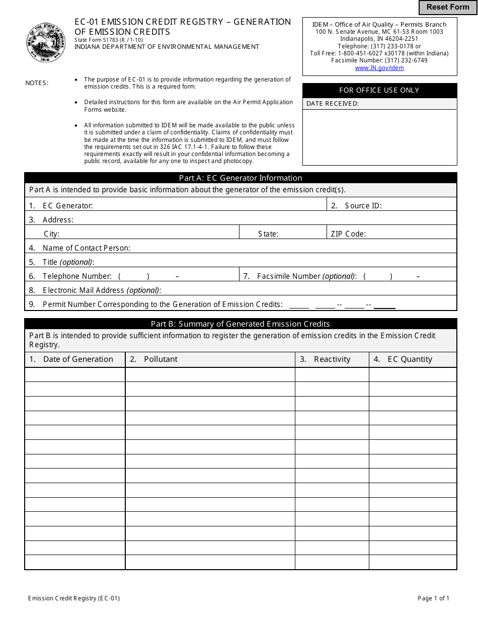 State Form 51783 (EC-01) Emission Credit Registry - Generation of Emission Credits - Indiana, Page 1