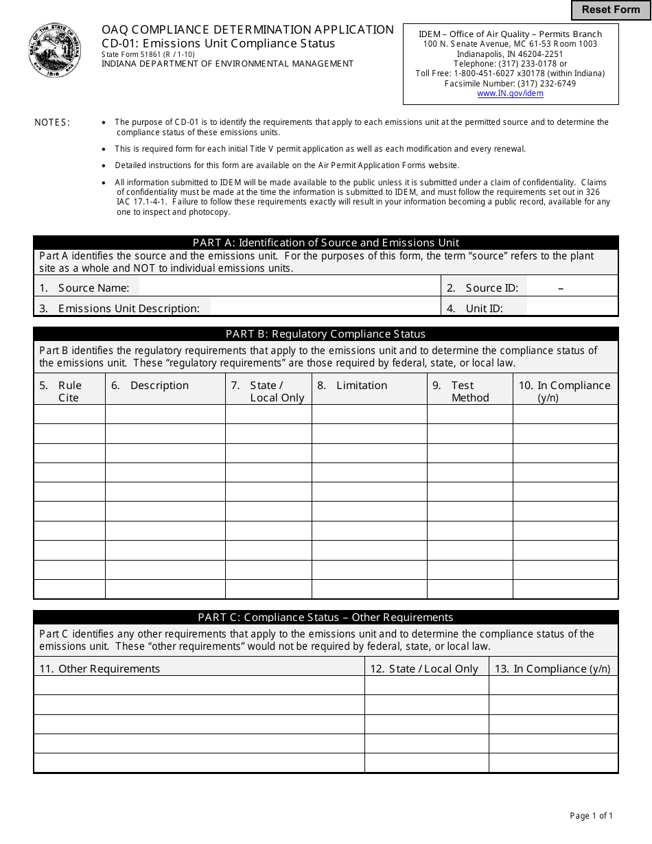 State Form 51861 (CD-01) Oaq Compliance Determination Application - Emissions Unit Compliance Status - Indiana, Page 1
