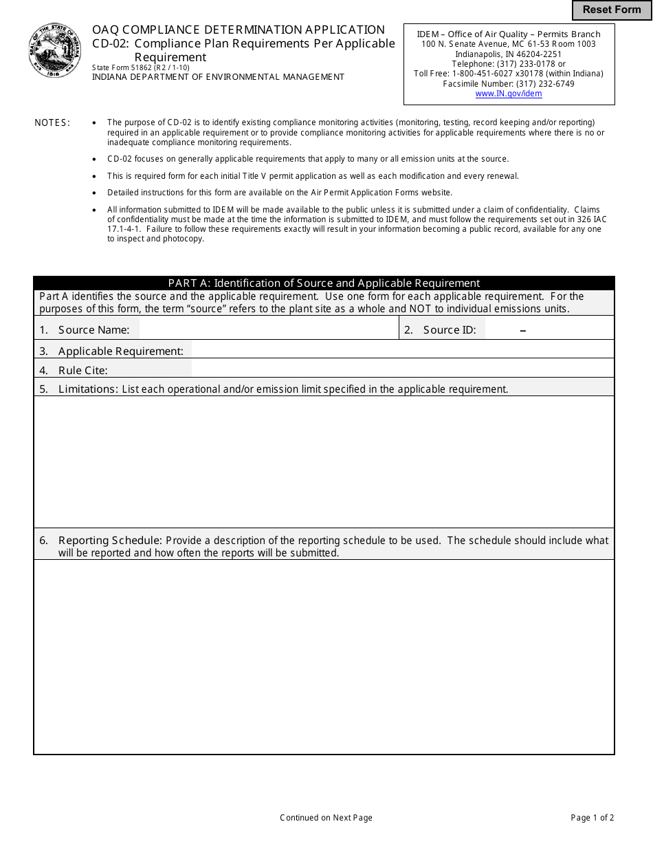 State Form 51862 (CD-02) Oaq Compliance Determination Application - Compliance Plan Requirements Per Applicable Requirement - Indiana, Page 1