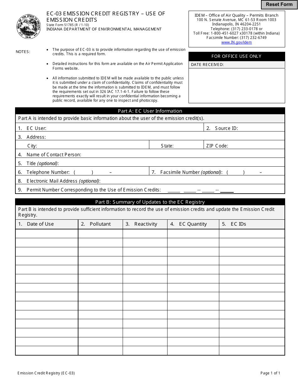 State Form 51785 (EC-03) Emission Credit Registry - Use of Emission Credits - Indiana, Page 1