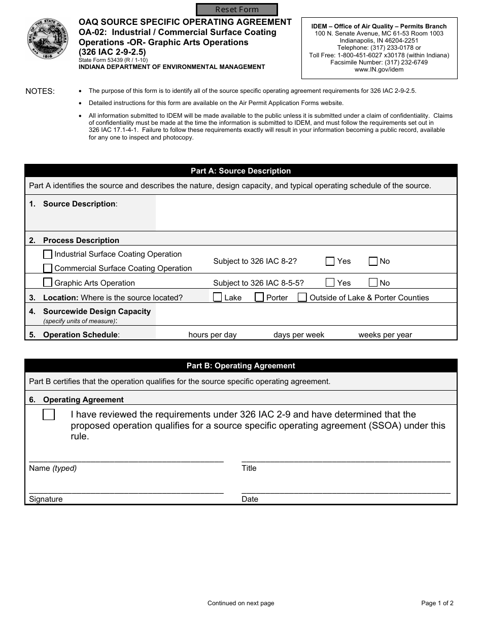 State Form 53439 (OA-02) Oaq Source Specific Operating Agreement - Industrial / Commercial Surface Coating Operations -or- Graphic Arts Operations (326 Iac 2-9-2.5) - Indiana, Page 1