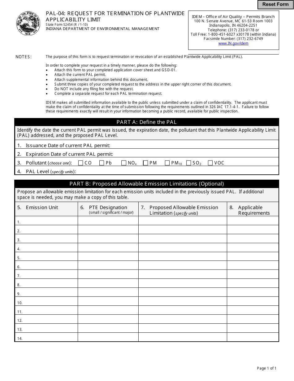 State Form 52454 (PAL-04) Request for Termination of Plantwide Applicability Limit - Indiana, Page 1
