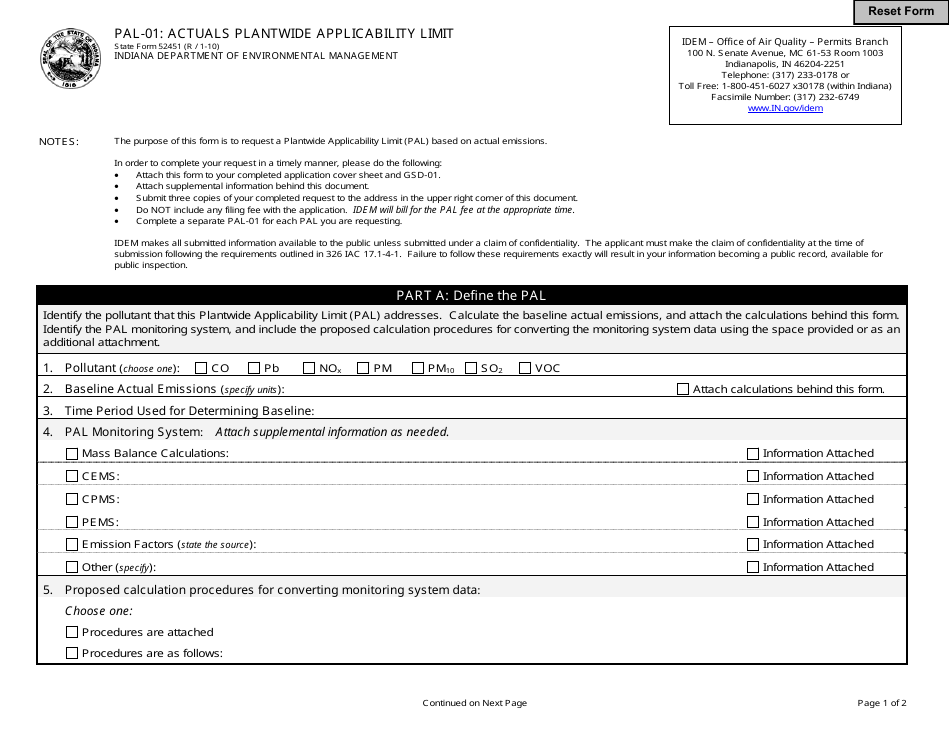 State Form 52451 (PAL-01) Actuals Plantwide Applicability Limit - Indiana, Page 1