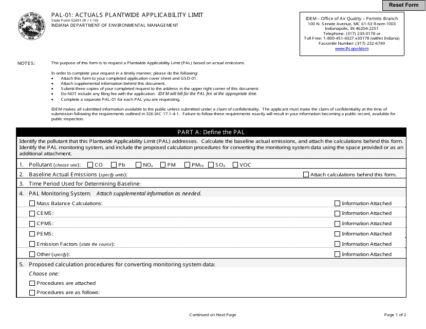 State Form 52451 (PAL-01) Actuals Plantwide Applicability Limit - Indiana