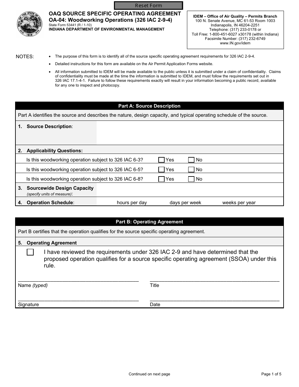 State Form 53441 (OA-04) Oaq Source Specific Operating Agreement - Woodworking Operations (326 Iac 2-9-4) - Indiana, Page 1