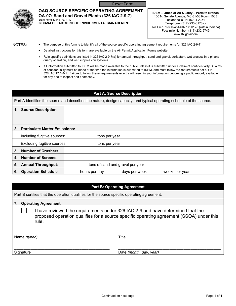State Form 53444 (OA-07) Oaq Source Specific Operating Agreement - Sand and Gravel Plants (326 Iac 2-9-7) - Indiana, Page 1