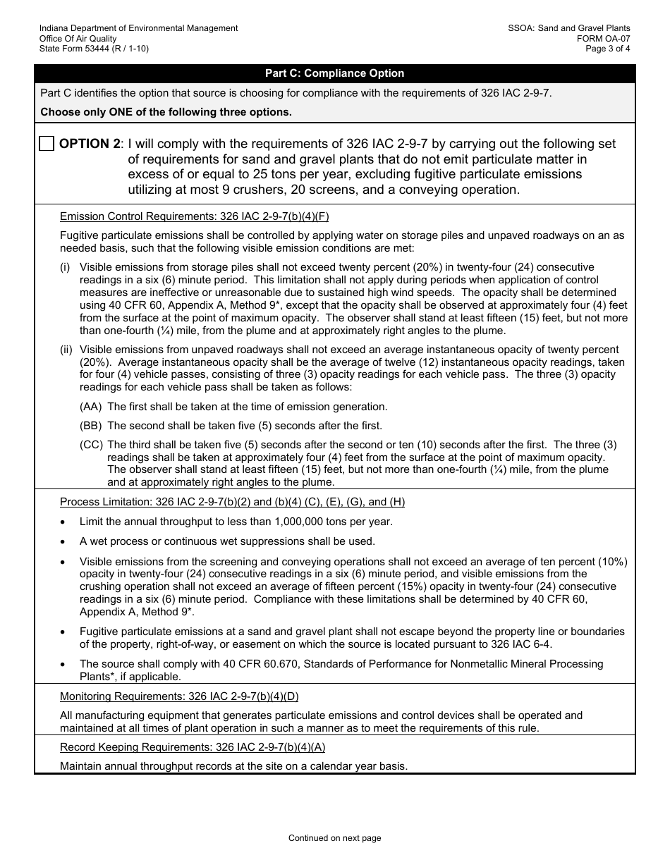 State Form 53444 (OA-07) Oaq Source Specific Operating Agreement - Sand and Gravel Plants (326 Iac 2-9-7) - Indiana, Page 3
