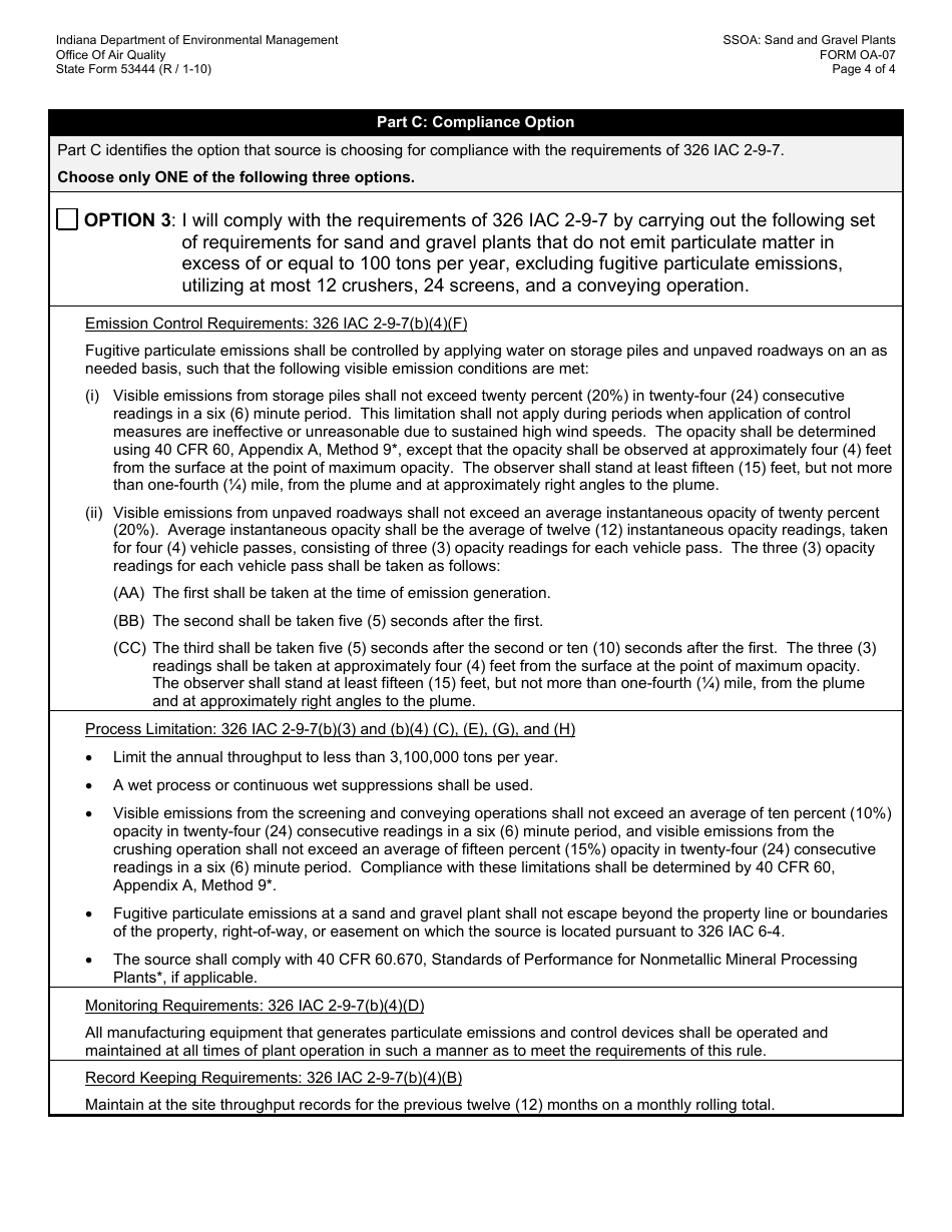 State Form 53444 (OA-07) Oaq Source Specific Operating Agreement - Sand and Gravel Plants (326 Iac 2-9-7) - Indiana, Page 4