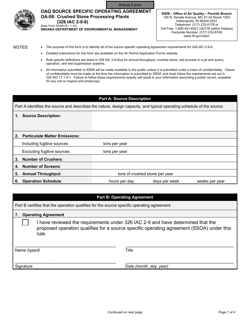 State Form 53445 (OA-08) Oaq Source Specific Operating Agreement - Crushed Stone Processing Plants (326 Iac 2-9-8) - Indiana, Page 1