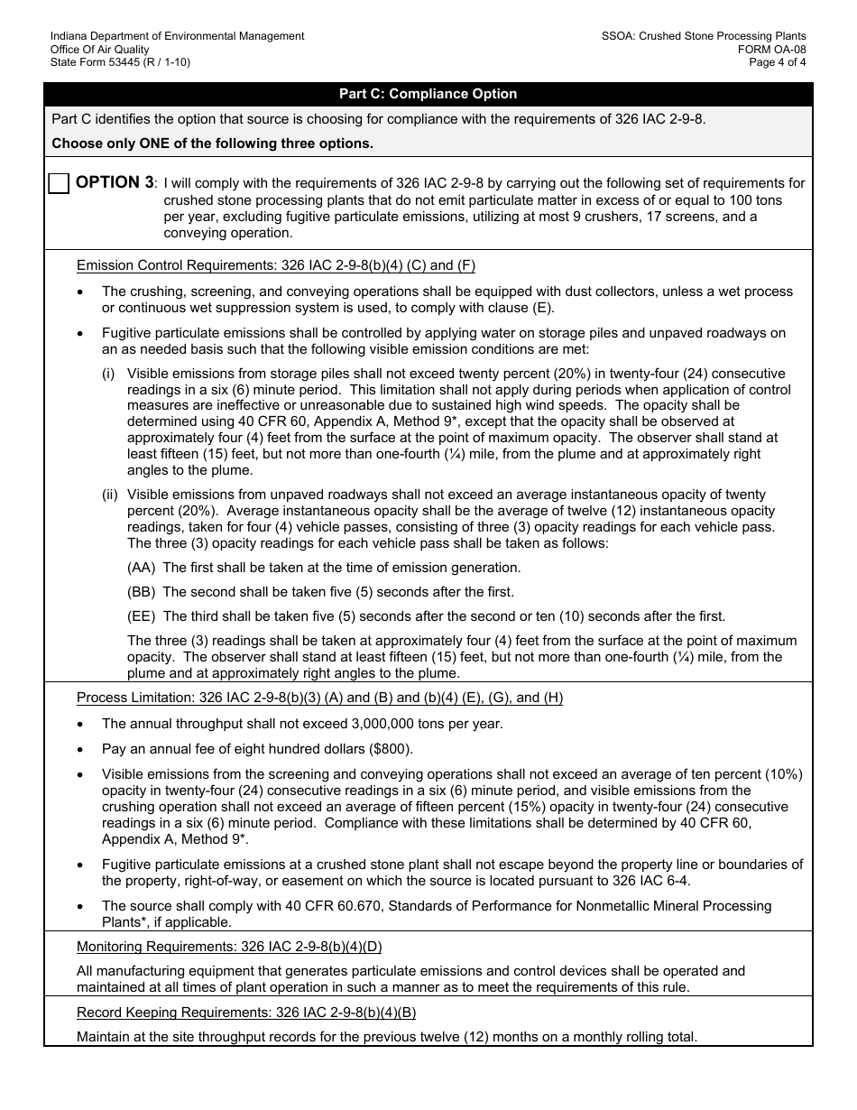 State Form 53445 (OA-08) Oaq Source Specific Operating Agreement - Crushed Stone Processing Plants (326 Iac 2-9-8) - Indiana, Page 4