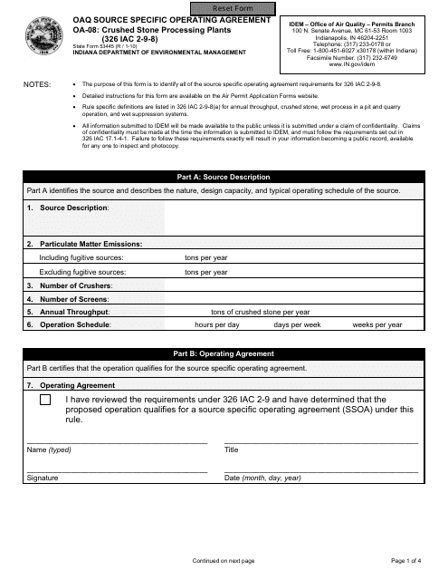 State Form 53445 (OA-08) Oaq Source Specific Operating Agreement - Crushed Stone Processing Plants (326 Iac 2-9-8) - Indiana