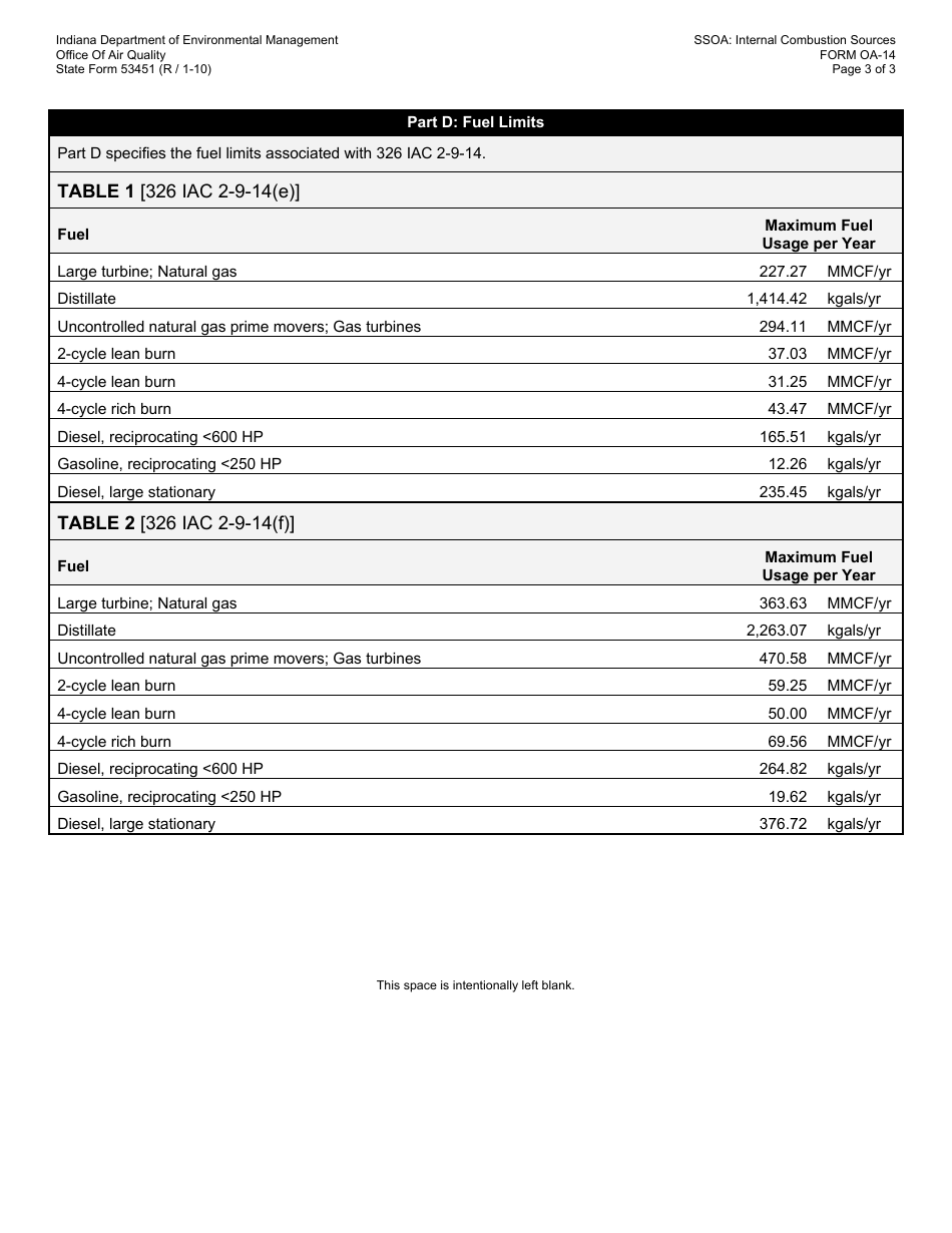 State Form 53451 (OA-14) Oaq Source Specific Operating Agreement - Internal Combustion Sources (326 Iac 2-9-14) - Indiana, Page 3