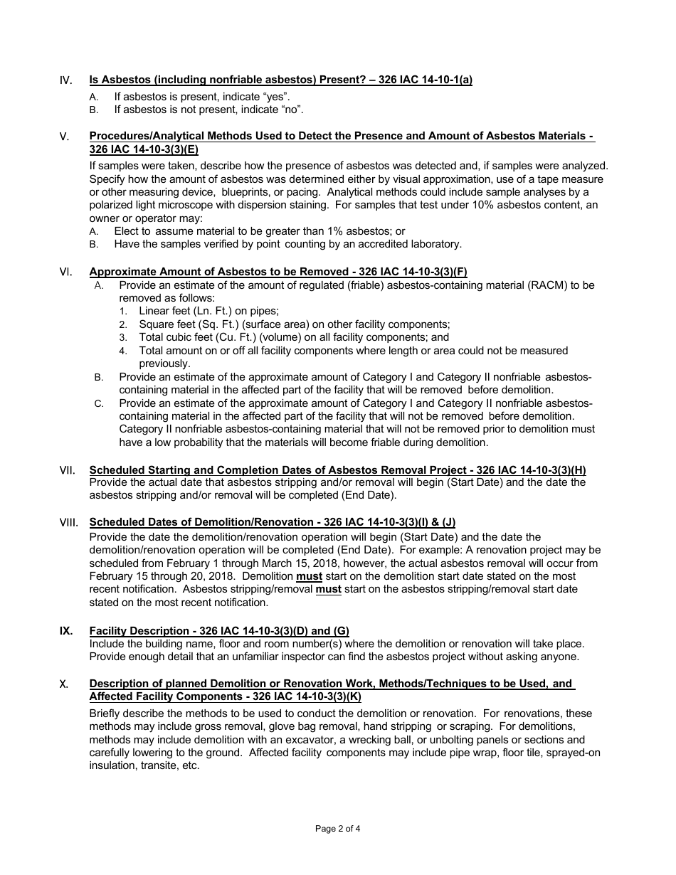 Instructions for State Form 44593 Notification of Demolition and Renovation Operations - Indiana, Page 2