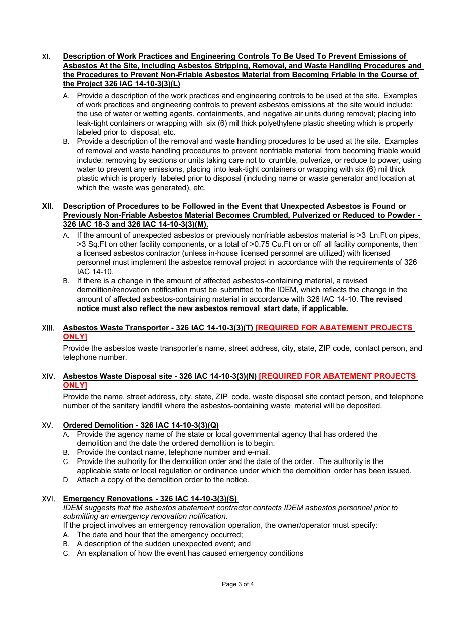 Instructions for State Form 44593 Notification of Demolition and Renovation Operations - Indiana, Page 3