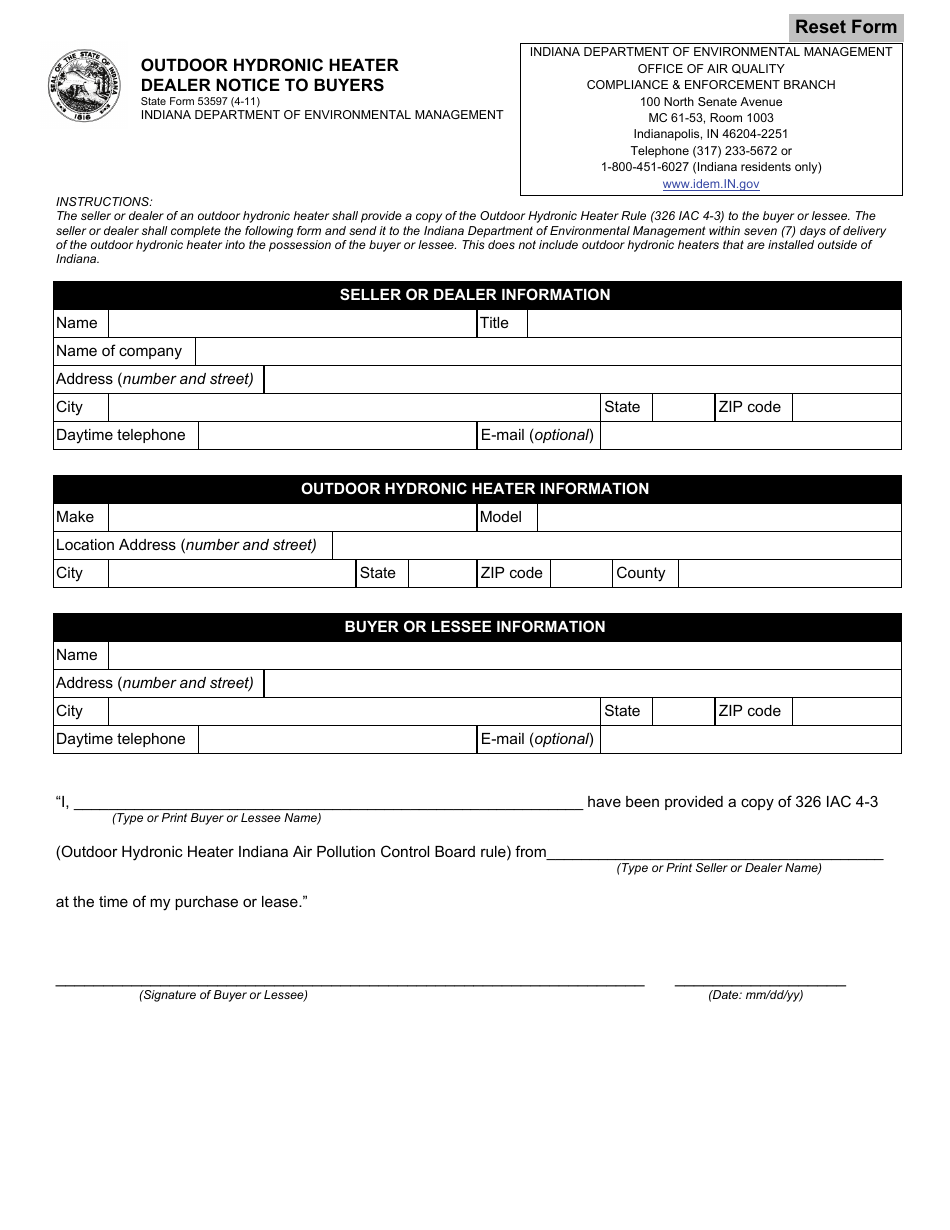 State Form 53597 Outdoor Hydronic Heater Dealer Notice to Buyers - Indiana, Page 1