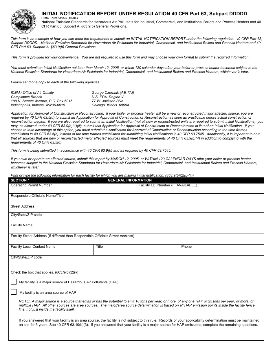 State Form 51956 Initial Notification Report Under Regulation 40 Cfr Part 63, Subpart Ddddd - Indiana, Page 1