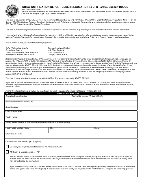 State Form 51956 Initial Notification Report Under Regulation 40 Cfr Part 63, Subpart Ddddd - Indiana
