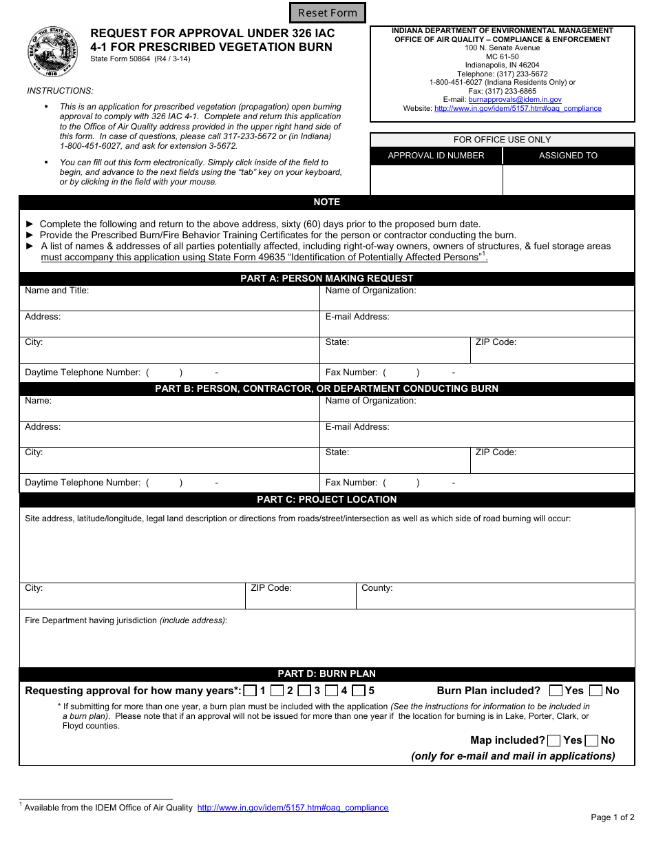 State Form 50864 Request for Approval Under 326 Iac 4-1 for Prescribed Vegetation Burn - Indiana, Page 1