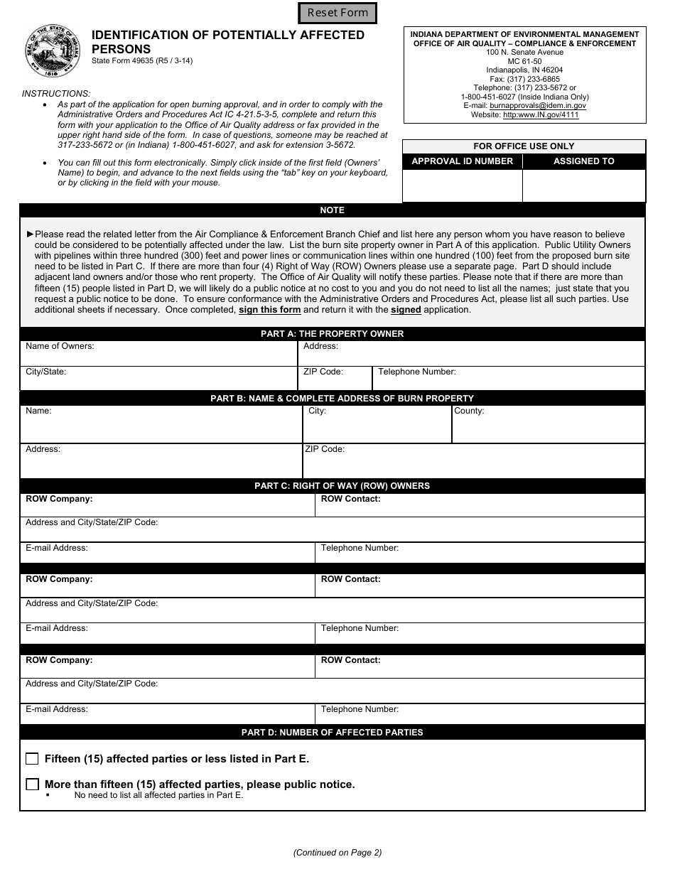 State Form 49635 Identification of Potentially Affected Persons - Indiana, Page 1