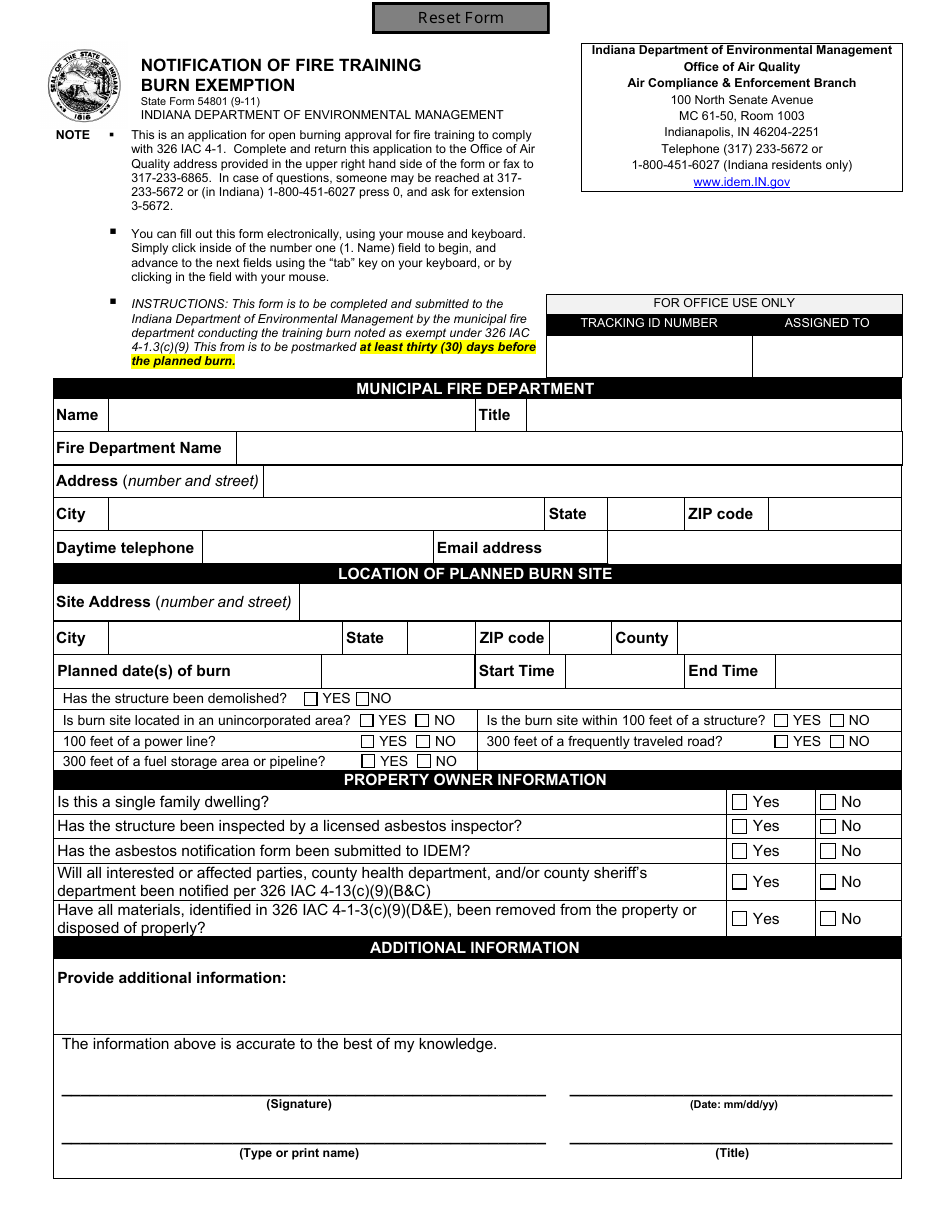 State Form 54801 Notification of Fire Training Burn Exemption - Indiana, Page 1