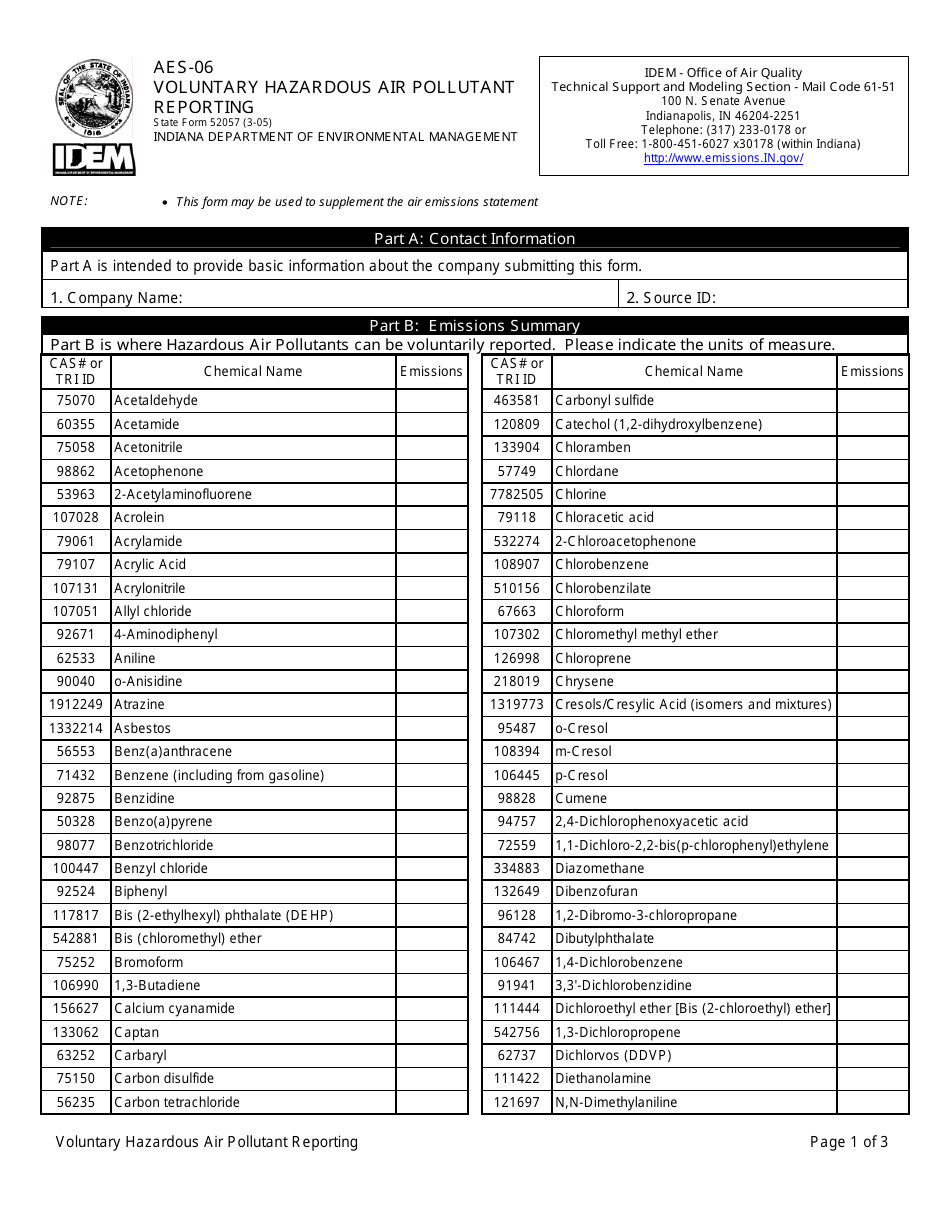 State Form 52057 (AES-06) Oluntary Hazardous Air Pollutant Reporting - Indiana, Page 1