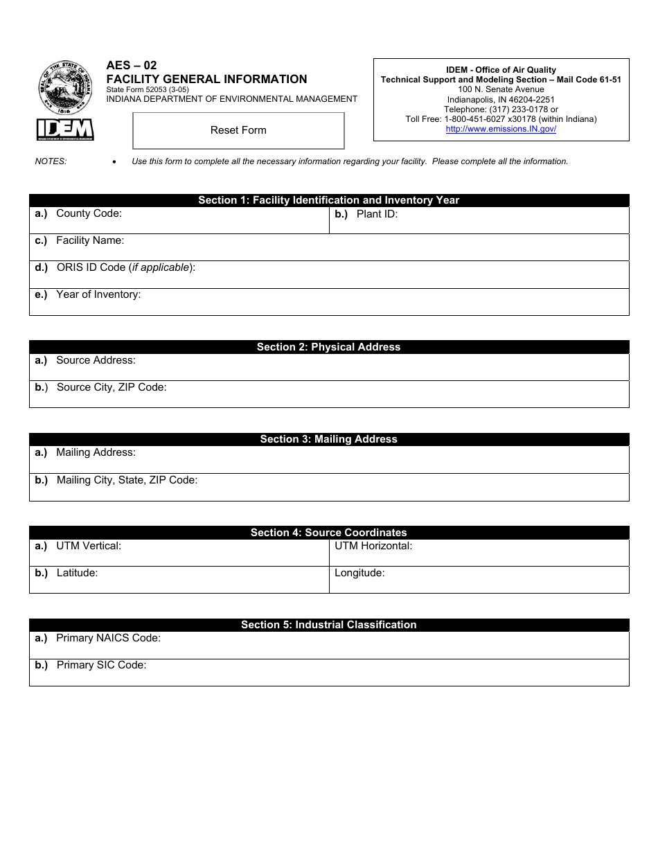 State Form 52053 (AES-02) Facility General Information - Indiana, Page 1