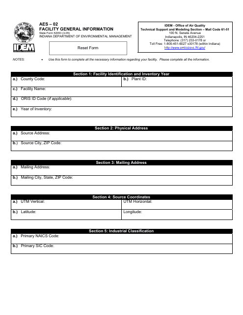 State Form 52053 (AES-02) Facility General Information - Indiana