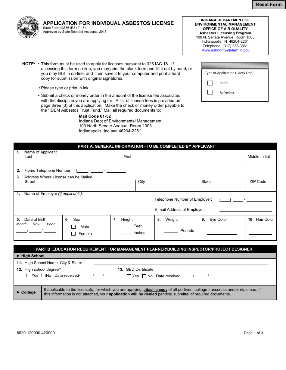 State Form 43786 Application for Individual Asbestos License - Indiana, Page 1